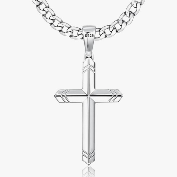 925 Sterling Silver Diamond Cut Cross Heavy Cuban Link Chain Necklace NWT